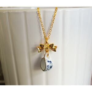 Blue Floral Porcelain Teacup Gold Necklace With Gold Bow
